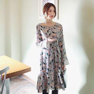 Ruffle-hem Pattern Midi Dress With Sash