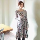 Ruffle-hem Pattern Midi Dress With Sash
