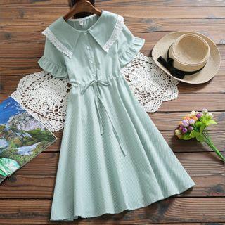 Short-sleeve Lace Trim Wide-collar A-line Midi Dress