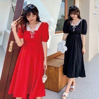 Short-sleeve Lace Trim Bow Midi A-line Dress