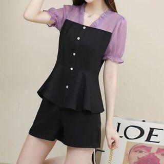 Two-tone Panel Blouse / Wide Leg Shorts / Set