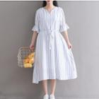 Striped Flared Elbow-sleeve Midi A-line Dress