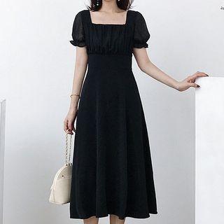 Square Collar Frilled Plain Midi Dress