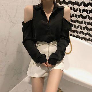High Waist Shorts / Cold-shoulder Long-sleeve Shirt