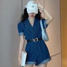 Short-sleeve Belted Denim Jumpsuit Blue - One Size