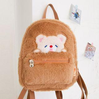 Bear Embroidered Faux Fur Backpack