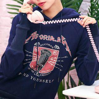 Print Long-sleeve Color Panel Hooded Pullover