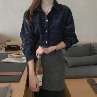Plaid Corduroy Cotton Shirt Navy Blue - One Size