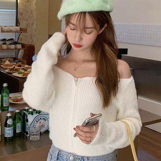 Off-shoulder Zip-up Cardigan