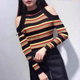 Cold Shoulder Striped Knit Pullover