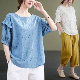 Elbow-sleeve Ruffled Eyelet Blouse