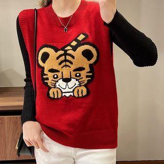 Round Neck Cartoon Tiger Print Loose Fit Knit Vest