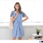 Short-sleeve Striped Panel Tie-front Dress