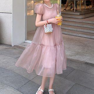 Set: Puff-sleeve Faux Pearl Mesh Sheer Dress + Spaghetti-strap Plain Dress