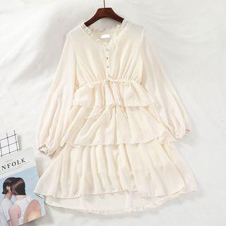 Long-sleeve V-neck Chiffon Layered A-line Dress