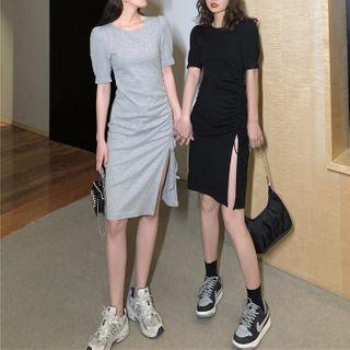 Drawstring Side-slit Short-sleeve Dress