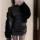 Sheer Mesh Top / Faux-leather Sleeveless Mini Dress / Furry Jacket