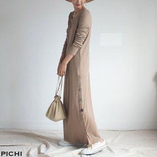 Long-sleeve Buttoned Hem Maxi Dress