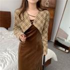 Plaid Single-button Cropped Jacket / Spaghetti-strap Midi Sheath Dress