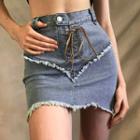 High Waist Tie-front Raw-hem Denim Miniskirt