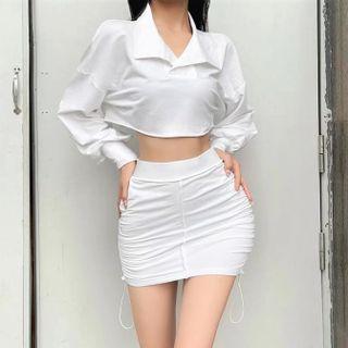 Set: Long-sleeve Cropped Polo Shirt + Drawstring Mini Skirt