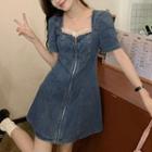 Short-sleeve Zip-up Denim Mini A-line Dress