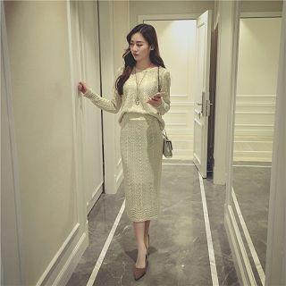 Set: Cutout Knit Top + Midi Skirt