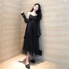 Faux-pearl Cardigan / Plain Sleeveless Dress Dress - Black - One Size