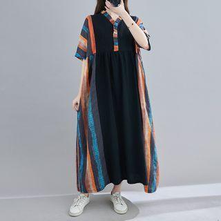 Elbow-sleeve Print Maxi Dress Orange Red & Blue Stripes - Black - One Size
