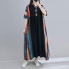Elbow-sleeve Print Maxi Dress Orange Red & Blue Stripes - Black - One Size