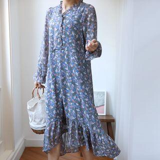 Frilled Floral Chiffon Dress Sky Blue - One Size