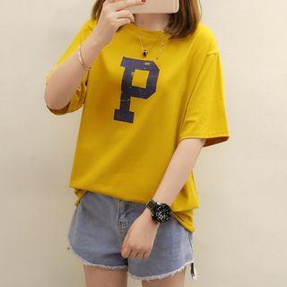 Alphabet Print Elbow-sleeve T-shirt