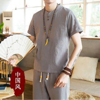Set: Short-sleeve Linen Top + Straight Leg Pants