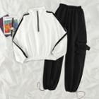 Contrast Trim Half-zip Sweatshirt / Drawstring-cuff Cargo Pants