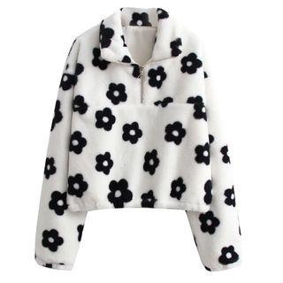 Floral Print Fluffy Half-zip Cropped Sweatshirt