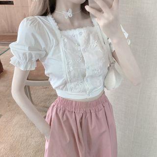 Puff-sleeve Lace Trim Cropped Top