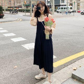 Spaghetti Strap Pleated Midi A-line Dress / Long-sleeve Striped T-shirt