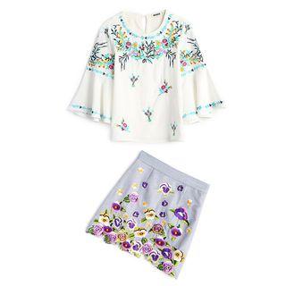 Set: Floral Embroidered 3/4-sleeve Top + A-line Skirt