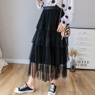 Polka Dot Mesh A-line Midi Tiered Skirt