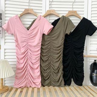 Ruched V-neck Mini Dress