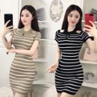 Short-sleeve Striped Cutout Sheath Dress