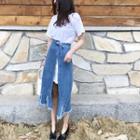 Set: Plain Short-sleeve T-shirt + Fringed Denim Skirt