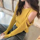 Off-shoulder Long-sleeve Knit Shirt Yellow - One Size