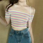Off-shoulder Striped Ribbed Cropped T-shirt