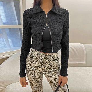 Collared Boucl  Cropped Zip-up Cardigan