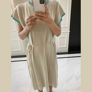 Flutter-sleeve Piped Midi Knit Dress