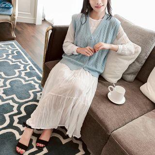 Long-sleeve Chiffon Midi Dress / Knit Vest