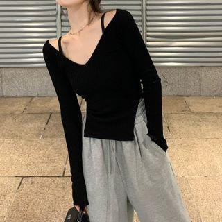 Long-sleeve Cold-shoulder T-shirt / Drawstring Wide-leg Pants