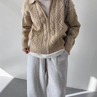 Collared Cable-knit Zip-up Jacket