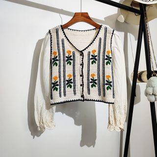 Embroidered Cut-out Panel Long-sleeve Top